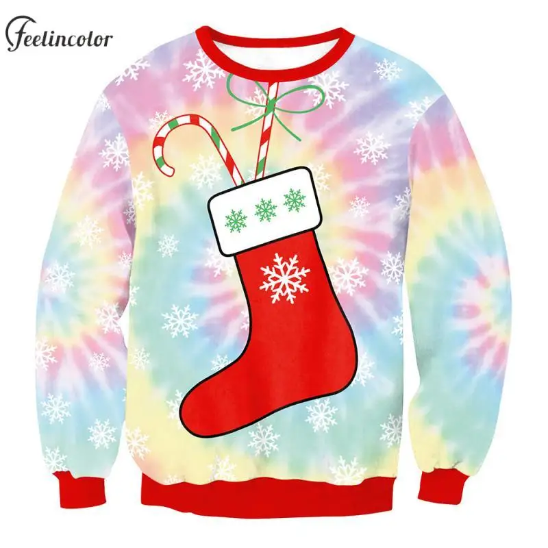 Christmas Stockings Women 3D Print Sweatshirts Colorful Snowflakes Graphic Pullover Xmas Famliy Matching Hoodies Couple Clothes