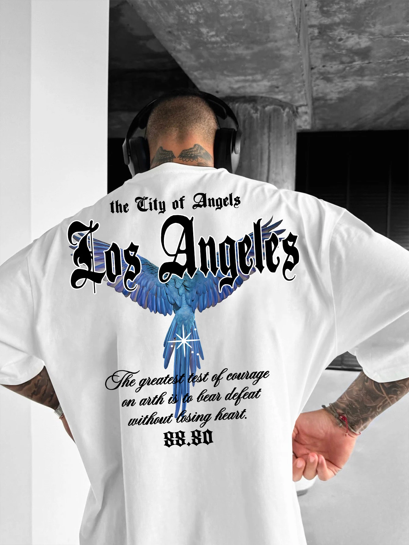 Men's Summer New Fashion Printed T-Shirt Los Angeles Blue Bird Wing Print Machine Washable S-XXL