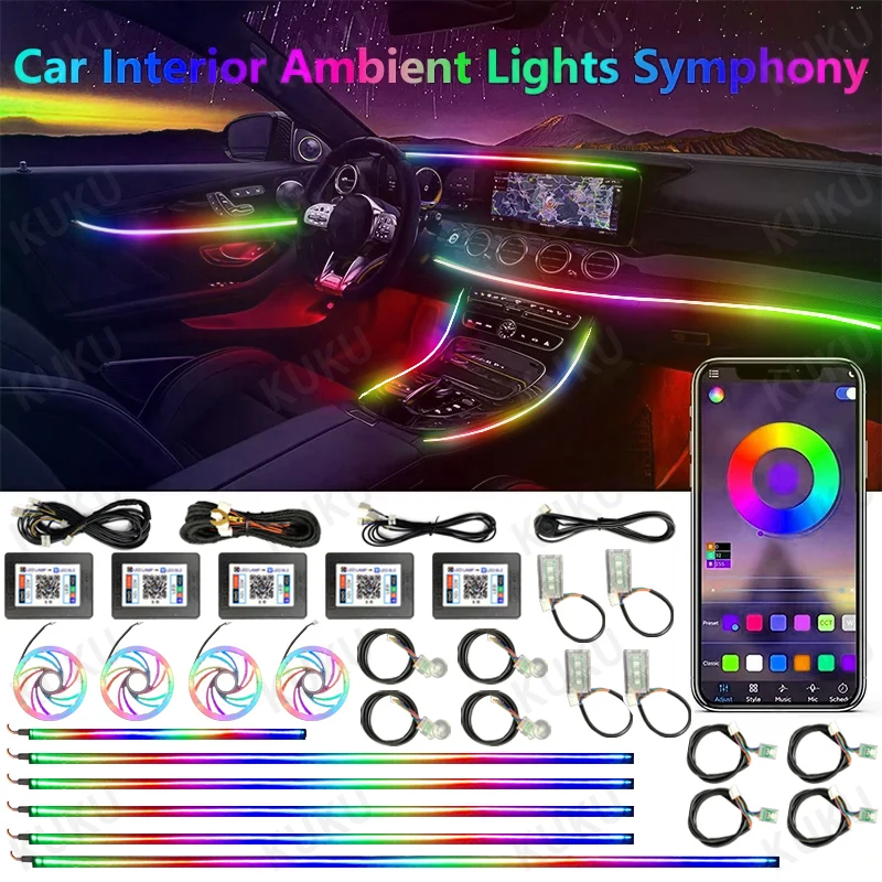 Symphony App Contro Car Ambient Lamps Rainbow Colorful Universal Auto Atmosphere Neon Lighting Acrylic Light Strips LED 64 RGB