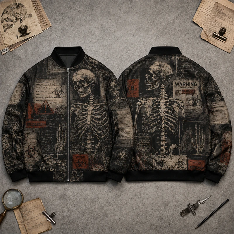Dark Gothic Vintage 3d Print Skeleton Pattern Jacket Men Zip Stand Collar Coat Top Punk Street Daily Casual Jackets Halloween