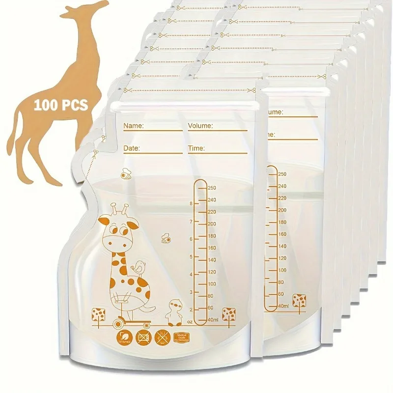 100 Stück 8 Unzen Muttermilch-Aufbewahrungsbeutel, Ausgießer, transparent, flach, platzsparend, einfache Ausgießorganisation für stillende Mütter, transparent