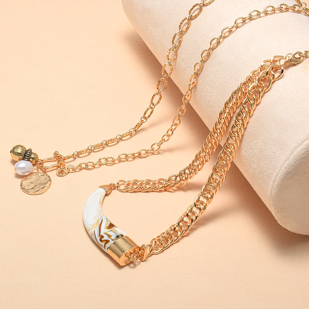 

Vintage Chunky Resin Double Layers Necklace for Women Irregular Exaggerated Statement Metal Necklace Ethnic Style Jewelry Gifts
