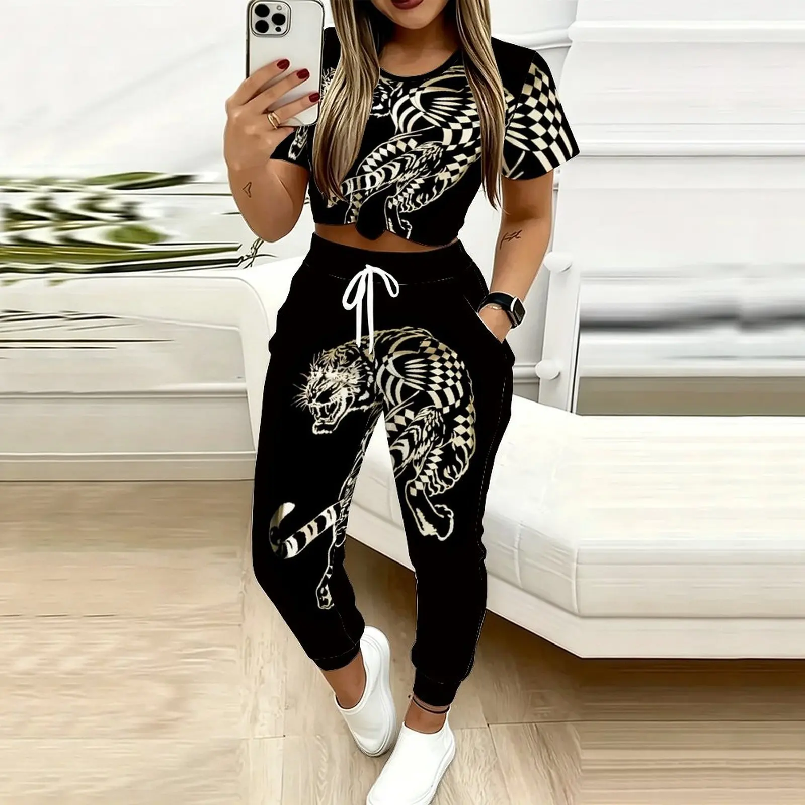 Plus Size Women Spring/summer Fashion Print Two Piece Set  Exercise Round Neck T-shirt Casual Vacation Sweatpants
