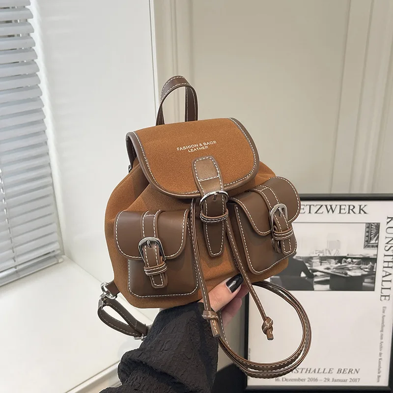 Fashion Mini Backpack Women Suede PU Leather Patchwork Buckle Flap Bag Adjustable Strap Street Style Photo Casual Shoulder Bags