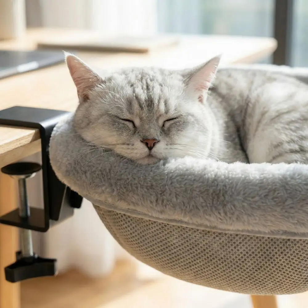 Creative Semi-Circular Cat Table Bed Detachable Space Saving Cat Desk Hammock Soft Non-Slip Clamp Cat Perch Computer Desk