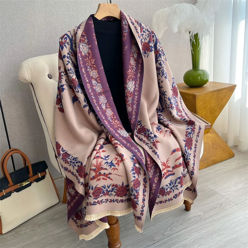 2023 Fashion Winter Warm Cashmere Shawl Scarf for Women Flower Print Pashmina Thick Scarves Wrap Femal Poncho Echarpe Bandana