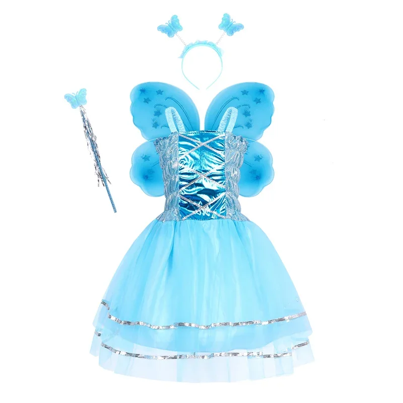 Disfraces de Cosplay de mariposa para niños, vestido de princesa con tirantes, conjunto de 4 piezas de ala de Hada de Anime, accesorios para niñas, ropa de fiesta de cumpleaños