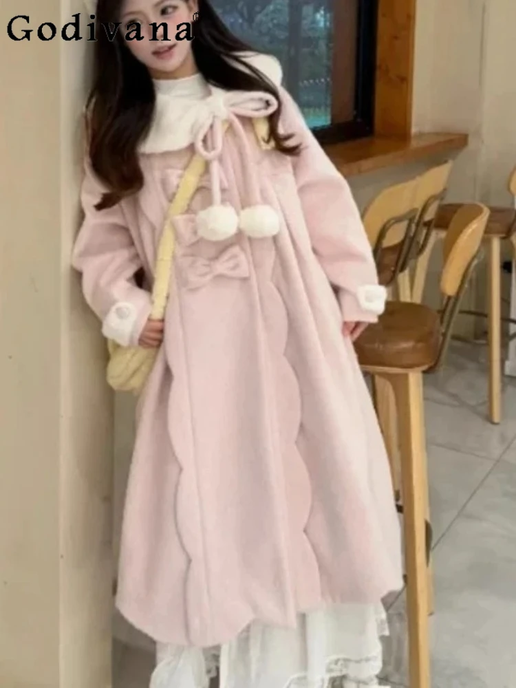 

Winter New Japanese College Sweet Temperament Pink Woolen Coat Cute Girls Loose Long Sleeve Bow Peter Pan Collar Korean Coats