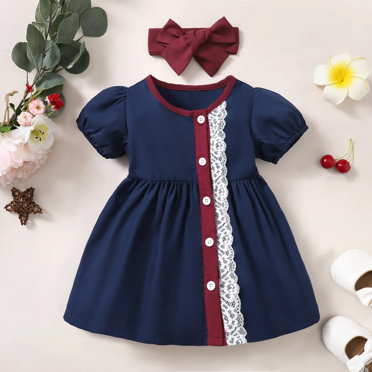 2PC Children\'s Bubble Sleeve Lace edge Fashion Dress+ Headband Suitable for Cute Baby Girls aged 0-3 Years Summer Dress