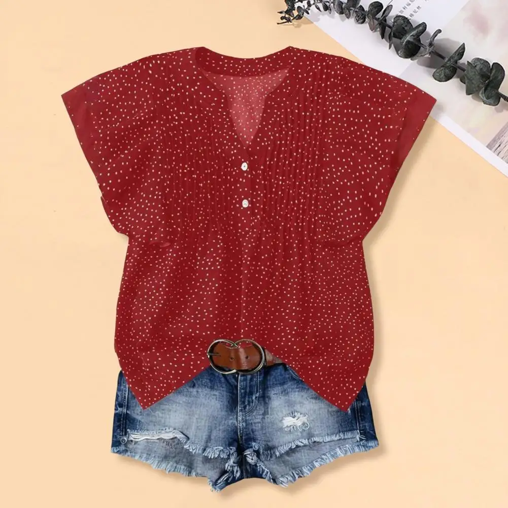 

Skin-friendly Blouse Stylish Women's V-neck Ruffle Shirt With Short Sleeves Loose Fit Dot Print Top For Work Office Wear