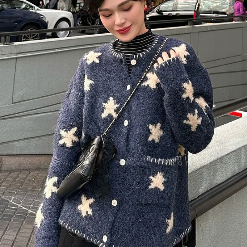 2025 inverno coreano vintage estrela impressão de malha cardigan feminino harajuku camisola manga longa casual outerwear senhoras malhas