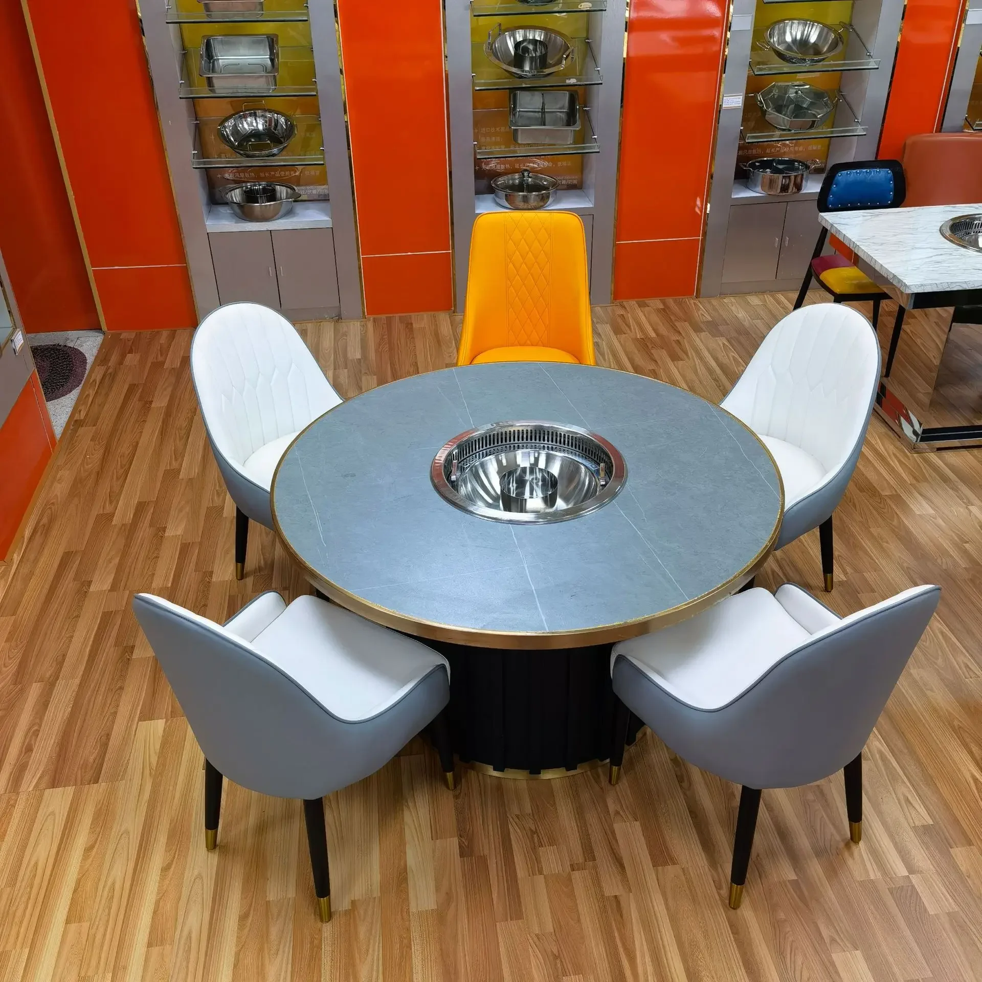 Commercial smokeless purifier intelligent mandarin duck hot pot table rock slab large round table