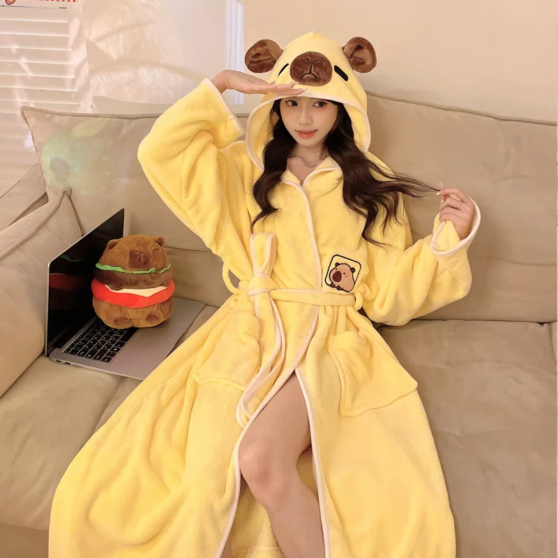 Funny Capabala Nightgown for Women Autumn and Winter Hooded Cartoon Cute Cinnamoroll Babycinnamoroll Bathrobe Water-Absorbing Qu