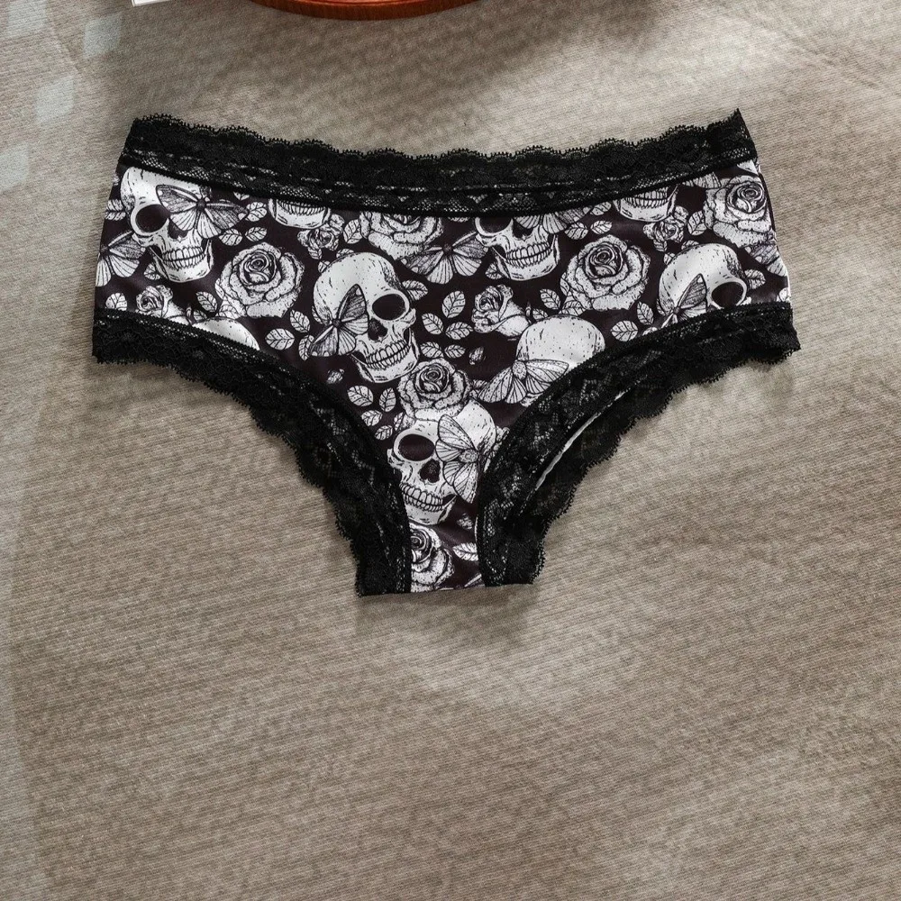 Mid Waist Women's Panties Halloween Skull Flower Butterfly Skeleton Briefs Gothic Style Star Lace Triangle Underwear