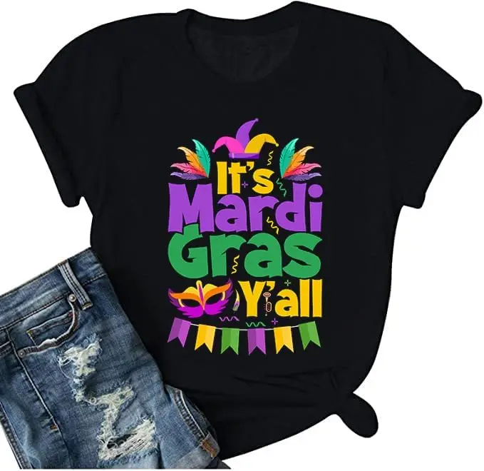 Women Mardi Gras Shirts It's Mardi Gras Yall Tshirts New Orleans Fat Tuesday Carnival Outfits Mask Parade Graphic Tee