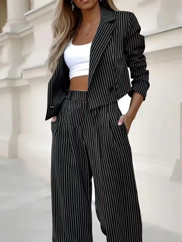 Moda de manga comprida lapela colheita topo + calças conjunto de 2 peças para as mulheres primavera outono casual listrado impressão terno de escritório feminino