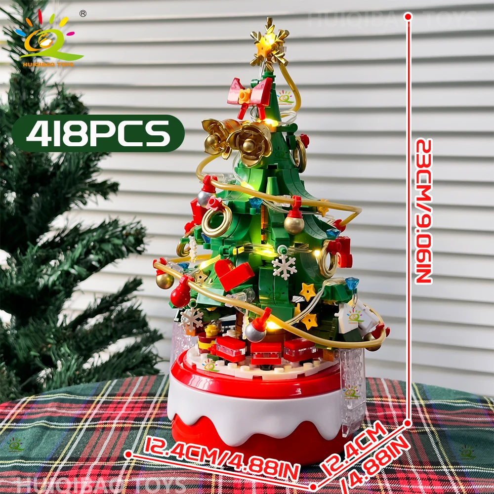 HUIQIBAO Mini Christmas Tree Santa Claus Music Box Model Micro Bricks Building Block DIY Bricks Toys for Adult New Year Gift