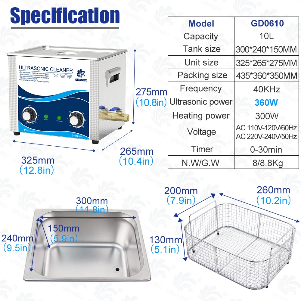 Pulitore ad ultrasuoni ad alte prestazioni 10L 360W 40KHz apparecchio per il trattamento della cavitazione della superficie del bagno di pulizia ad