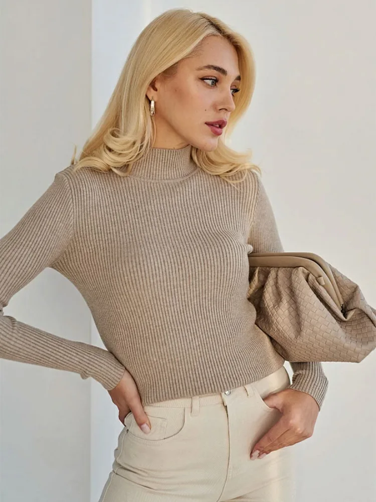 2026 Knitted Pullover Ribbed Long Sleeve Versatile Sweater Solid Color Slim Autumn Winter Turtleneck Sweater women Casual Tops