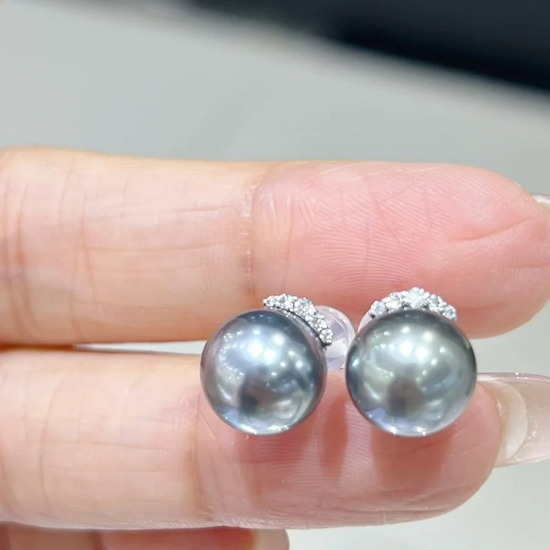 

SGARIT Aurora Tahiti Natural Pearl Earrings For Women 925 Sterling Silver Wedding Party Jewelry Earrings Grey 9-10mm Bread Round