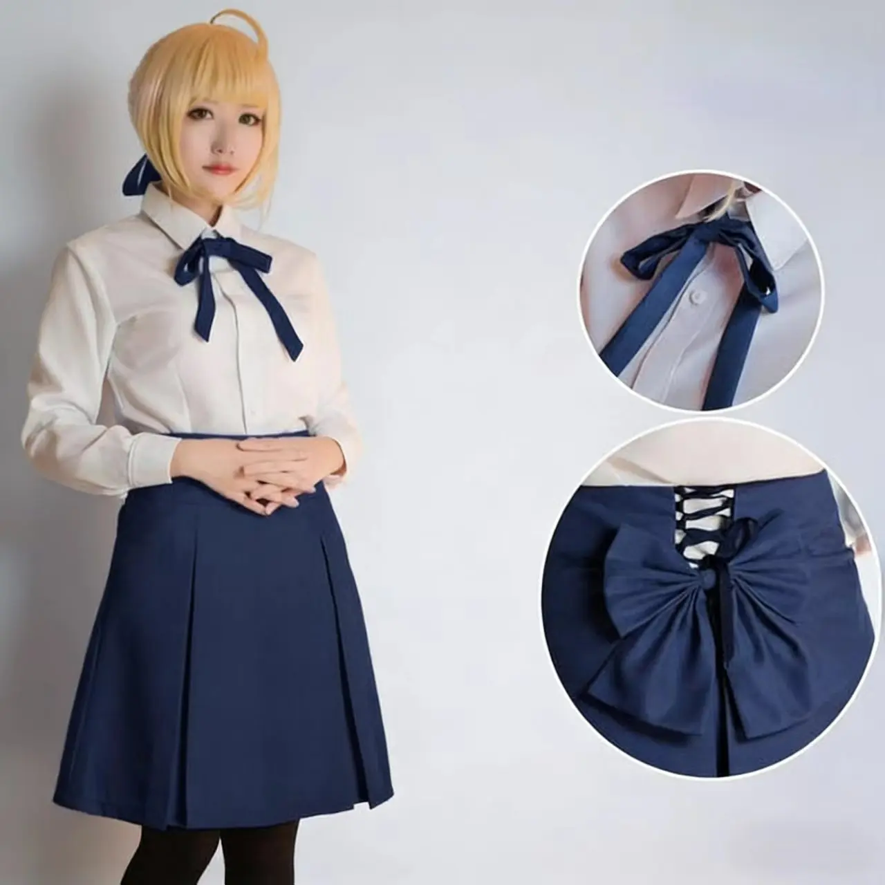 

Anime Fate Stay Night Saber Cosplay Costume Artoria Pendragon School Uniform White Shirt Navy Blue Skirt And Bow For Women