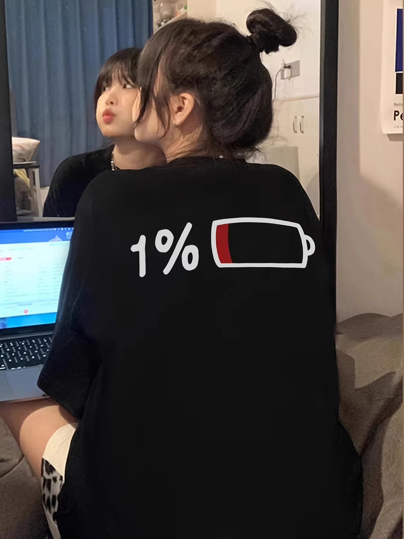 2025 Summer Men's and Women's Summer Casual Elegant Loose Long T-shirt with 1% Battery Graphic Print - Black Round Neck Short Sl