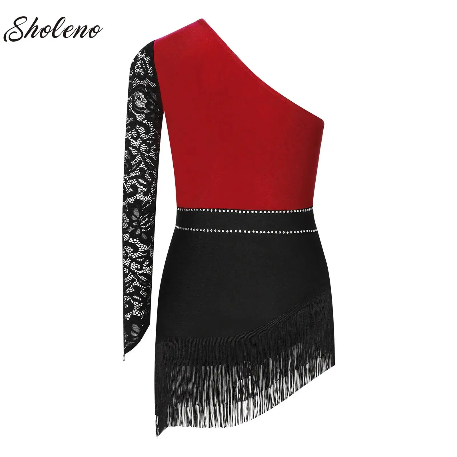 

Child Latin Dance Dress Tassel Dress One Long Sleeve Girls Competition Practice Clothes Child Ballroom Cha Cha Dance Performance