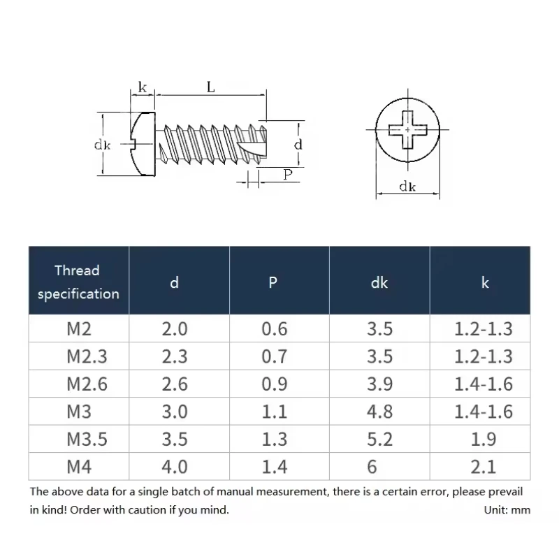 Cross Round Pan Head Cutting Tail Self Tapping Screws 304 Stainless Steel M2 M2.3 M2.6 M3 M3.5 M4 Phillips PT Screws