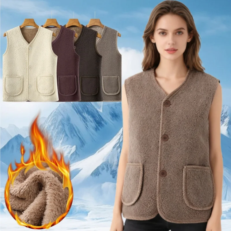 

Women Fleece Vest Winter Warm Plush Lined Sleeveless Jacket Mid Thickness Outdoor Thermal Coat Plus Size Female Outerwear