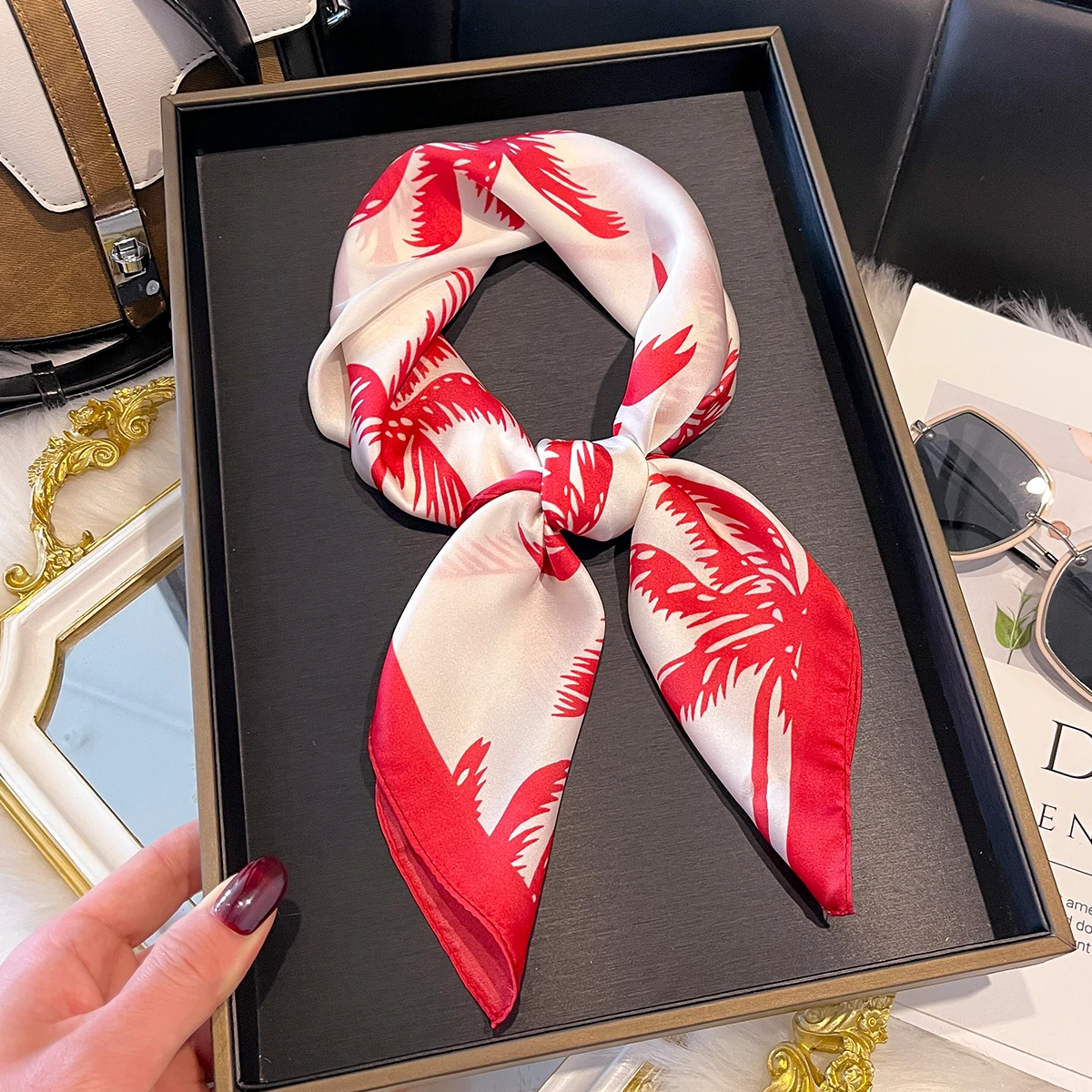 Coconut Tree Print Silk Scarf INS Vacation Style Retro Color Block Summer Shirt/Dress Matching Smooth Satin Small Square Scarf