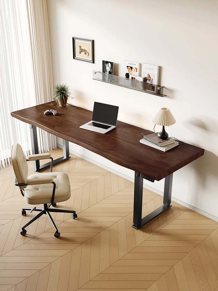 Electric lifting table, wooden double computer desk, office desk, walnut color solid wood large desk, standing upright workbench