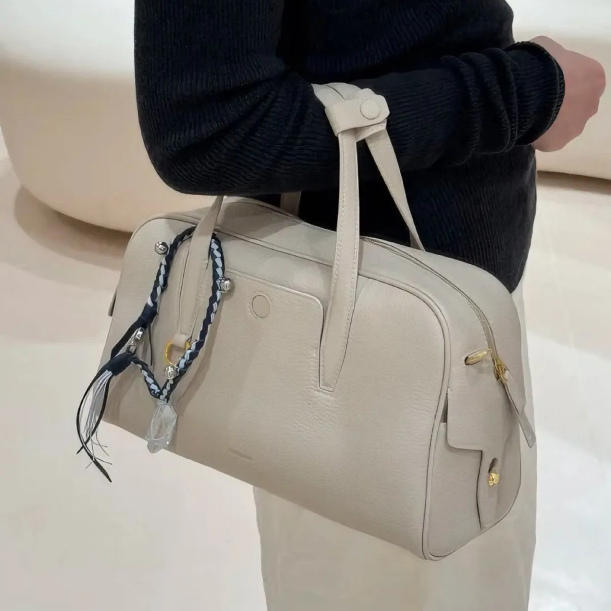 Songmont Handbag Cowhide Bowling Bag Boston Bag