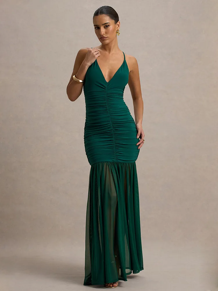 Absobe Sheer Mesh Pleated Spaghetti Strap Maxi Dress Women's Sexy Deep V Neck Backless Slim Bodycon Long Dress Elegant Partywear