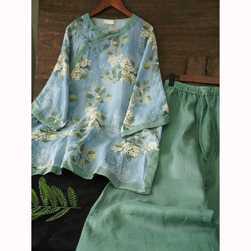 

Summer Style Women Single Breasted Vintage Ramie Print Blouse Elastic Waist green cotton linen Wide Leg Pants Two Piece Sets D56