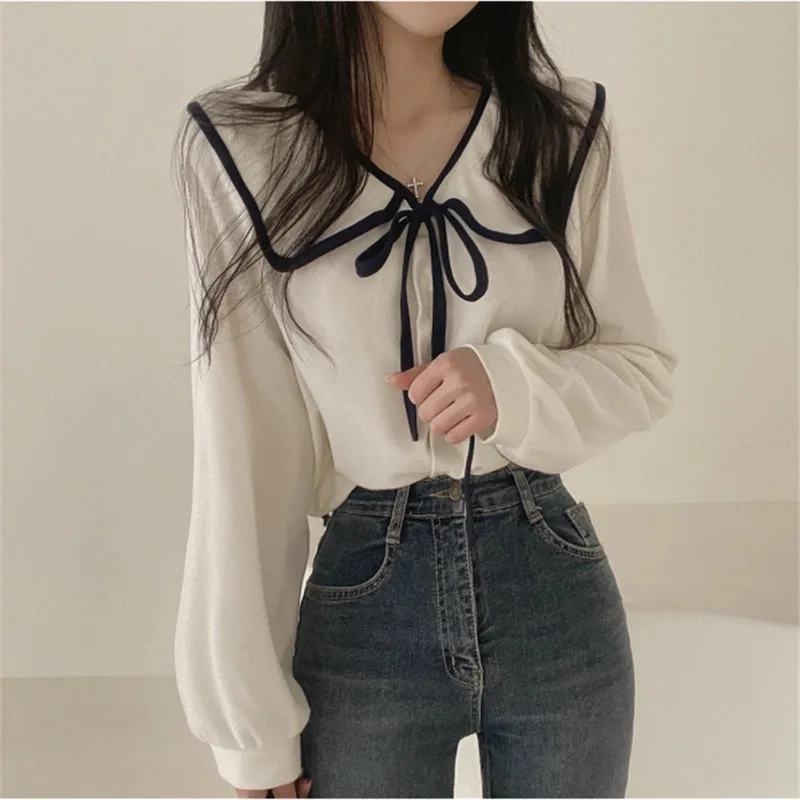 

2026 Spring and Autumn New Doll Collar Lace-up Lantern Sleeve Shirt Women's Solid Color Shirt Inside and Outside