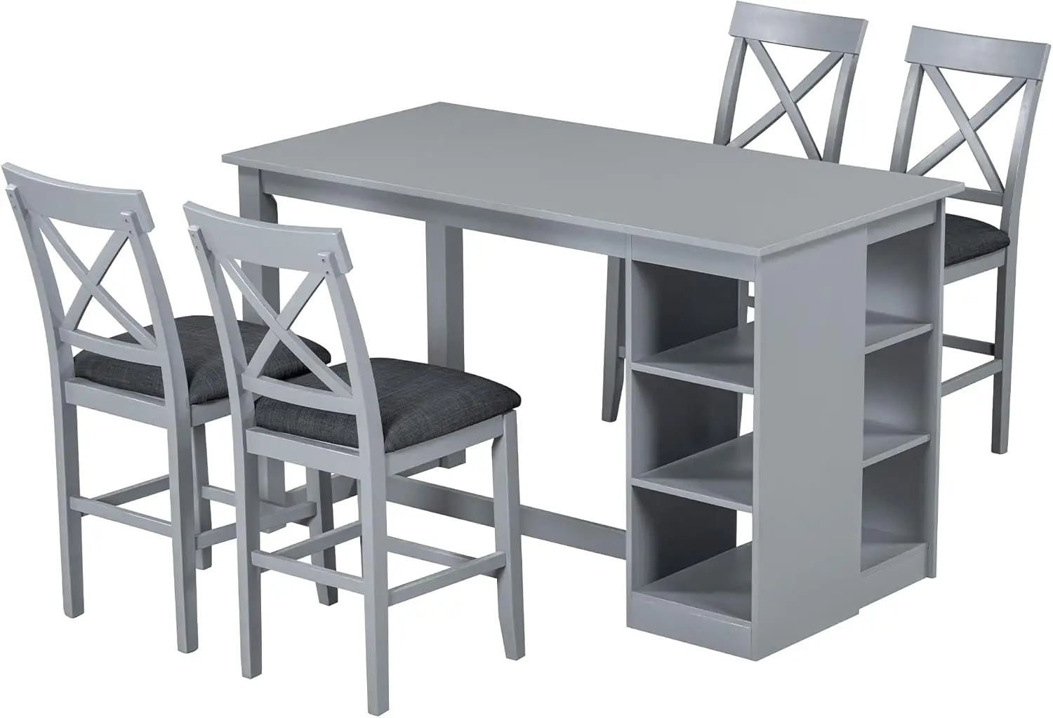 Farmhouse 5-Piece Counter Height Dining Table Set, 2-Tone Rectangular Dining Table With 3-Tier Storage Shelves And Upholstered