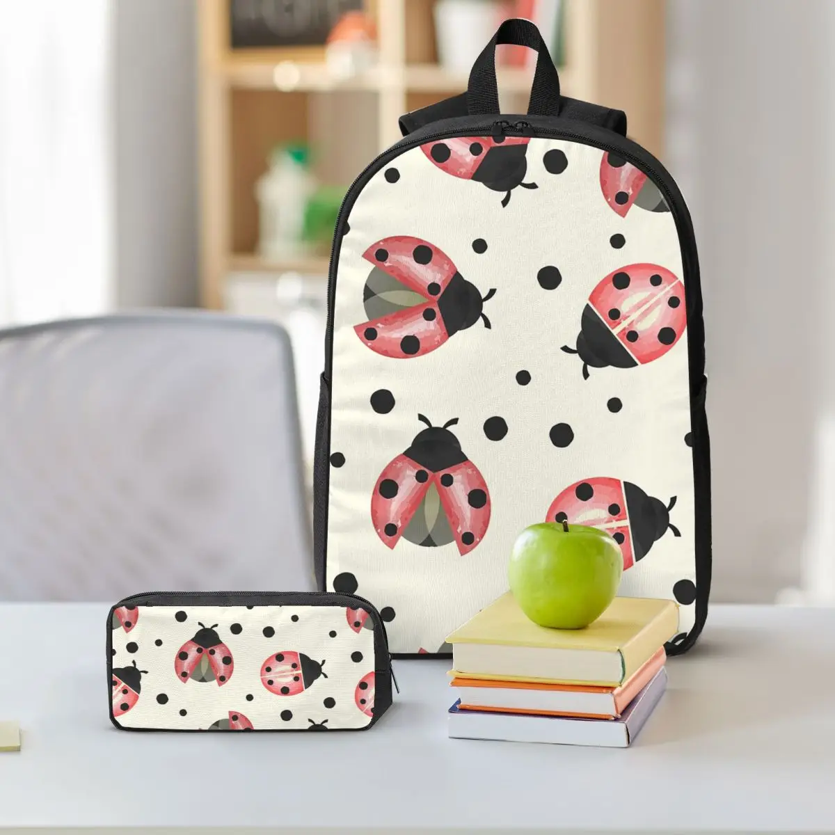 Cute Ladybug And Red White Polka Dots Backpack Student BookBag School Bag Shoulder Bags 3ps Insulated Lunch Bag Pencil Case