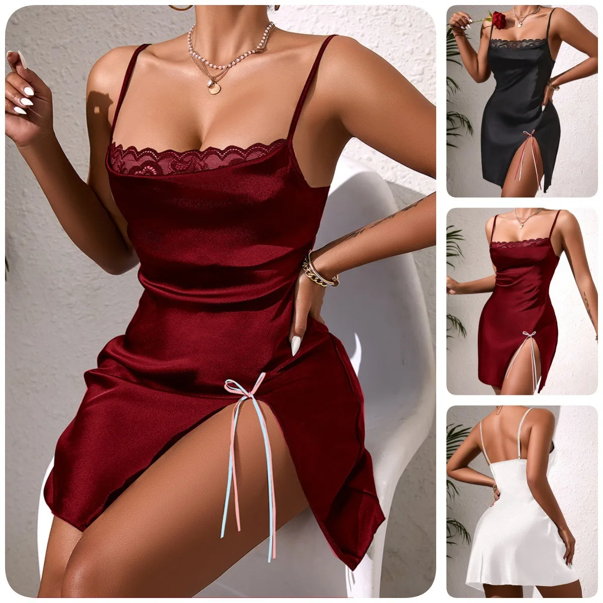 Satin Lace Camisole Dress Side Slit Tie Nightdress Backless Deep V Suspenders Sleeveless Bowknot Ribbon Solid Color Dress