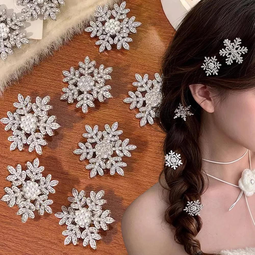 Shining Snowflake Hair Clips Korean Women Elegant Crystal Pearl Flower Hairpins Barrette Wedding Exquisite Headwear Hair Jewelry