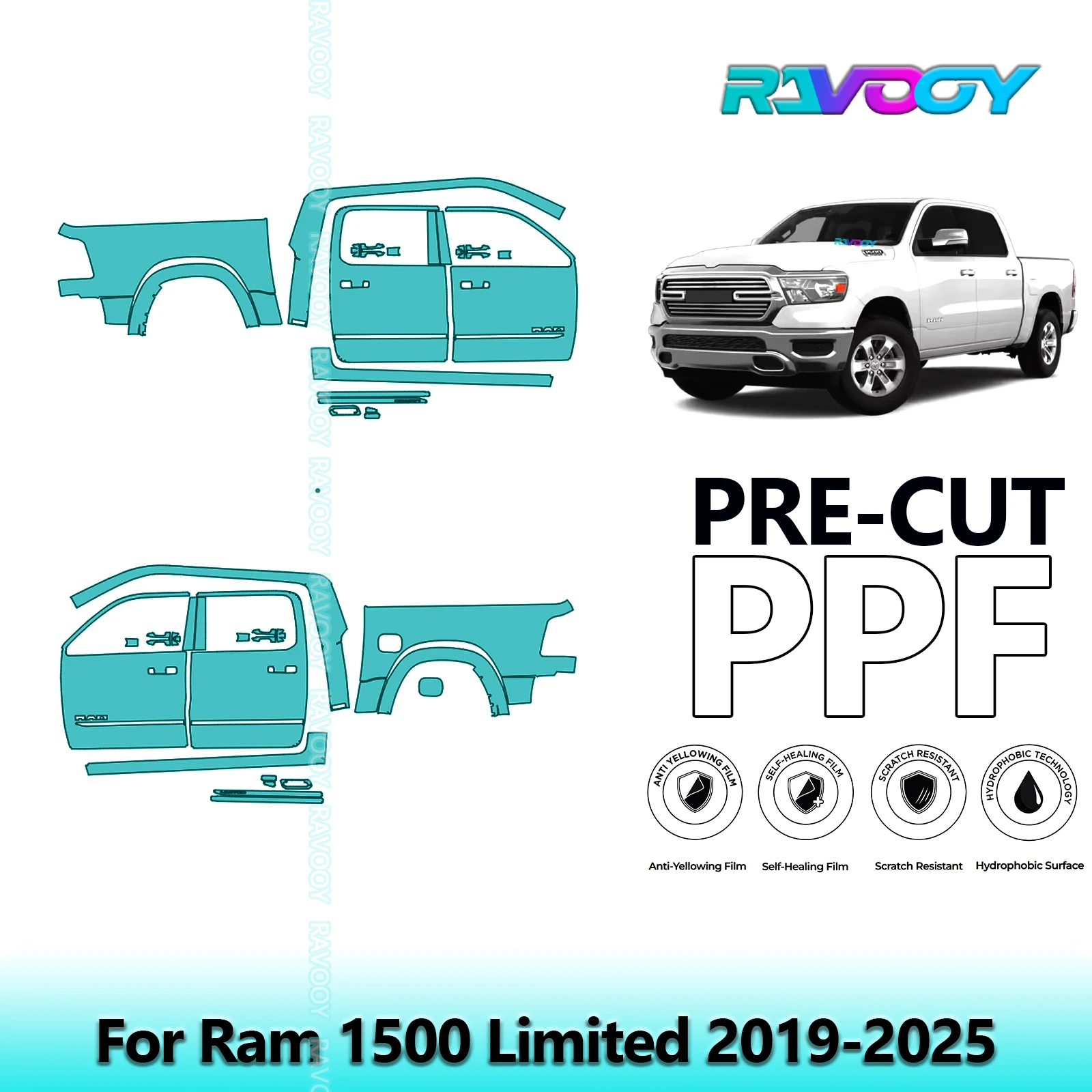 

For Ram 1500 Limited 2019-2025 8.5mil Clear Matte Pre-Cut PPF Door & A/B Pillar Kit TPU Paint Protection Film Set