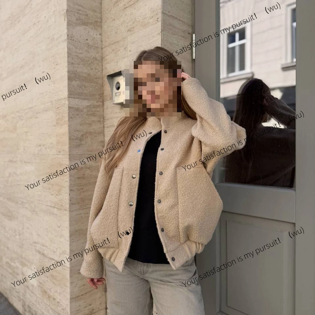 

Lazy wind stand-up collar lamb wool coat women's warm skin-friendly gentle fashion big pocket coat