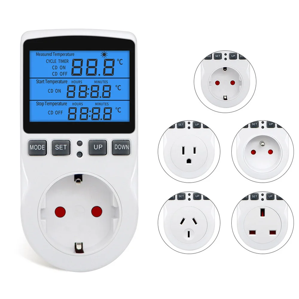 

EU/US/UK/AU/FR 3680W Thermostat Temperature Controller LCD Backlit Digital Thermostat Heating Cooling Control Mode Plug in Timer