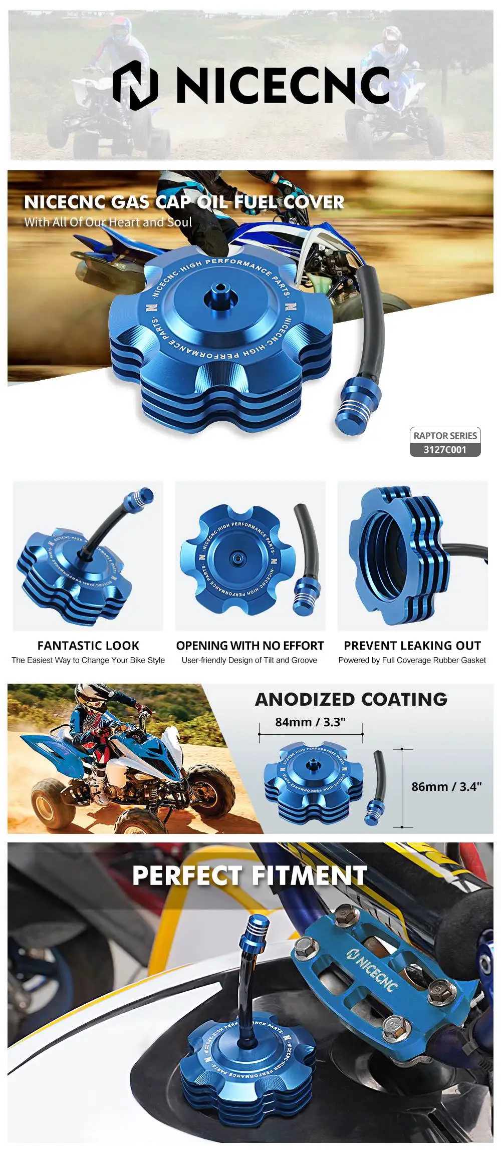 NICECNC Benzintankdeckel für Yamaha Raptor 700 700R Grizzly 125 2011-2026 Aluminium ATV Zubehör Auslaufsicheres Aluminium – Detail 2