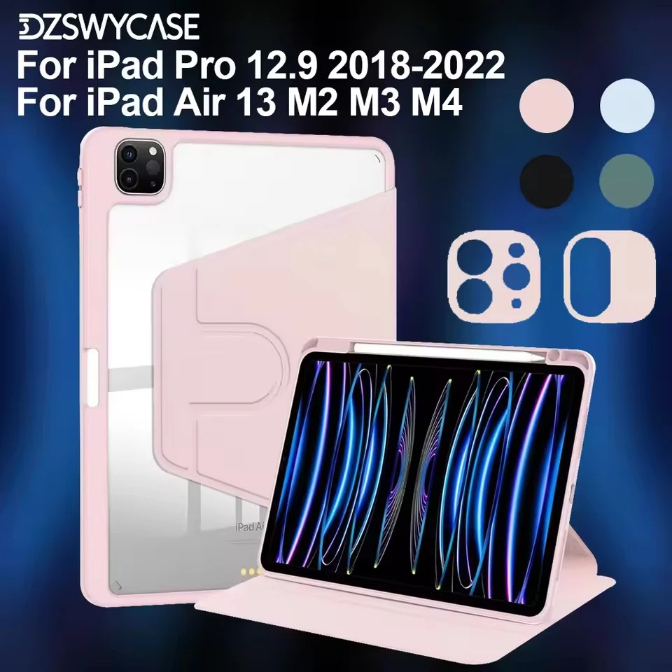 Hülle für iPad Pro 12.9 2018-2022, für iPad Air 13 M2 M3 M4, 360° drehbare Rückabdeckung, integrierter Stifthalter, transparente Acrylabdeckung.