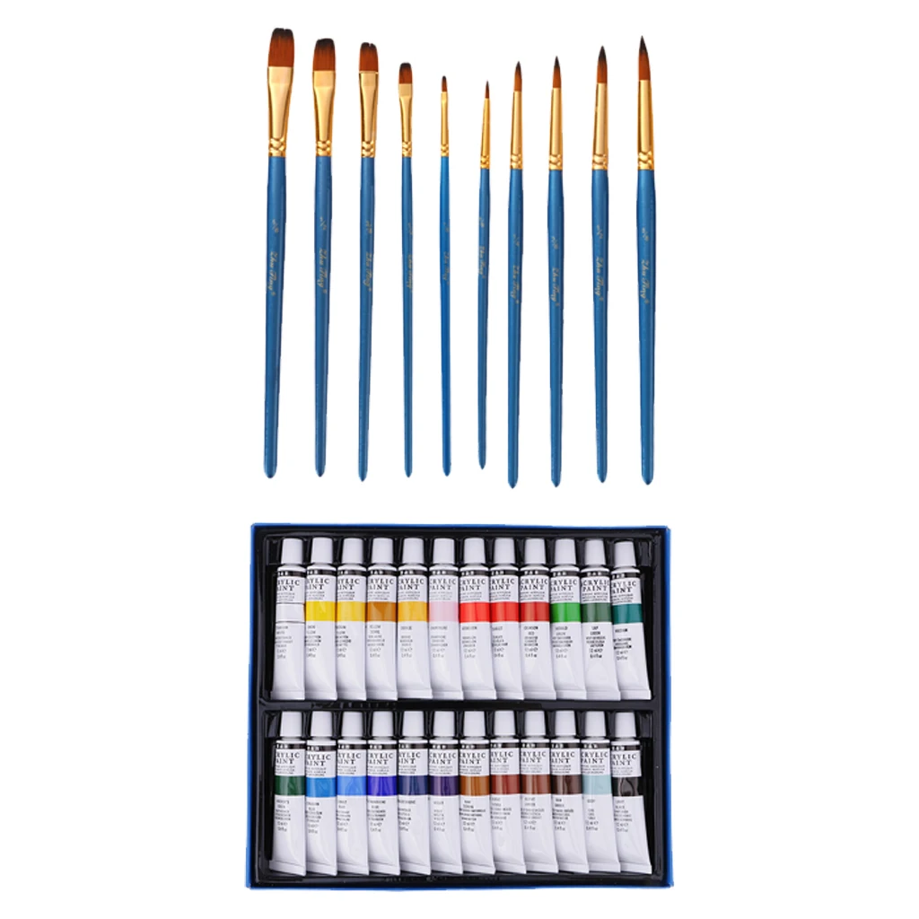 Acrylic Painting Kit Set 10pcs Nylon Brushes +24 Colors Tube Acrylic Paint