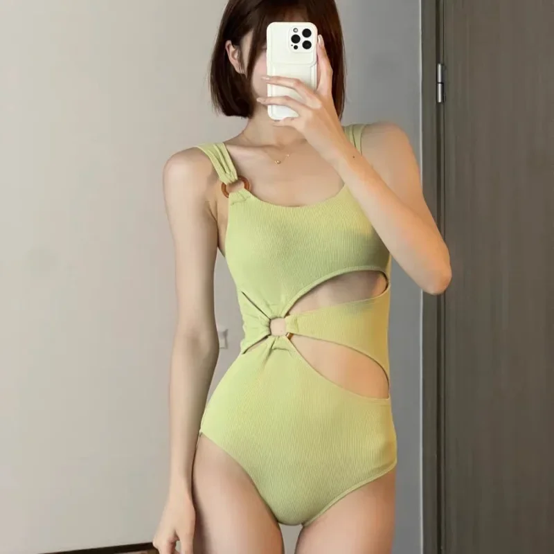 

Women's One Piece Swimsuit Summer Beach Bathing Suit Green Monokini Cut Out Swimwear Female Padded Beachwear Pool Korea Style