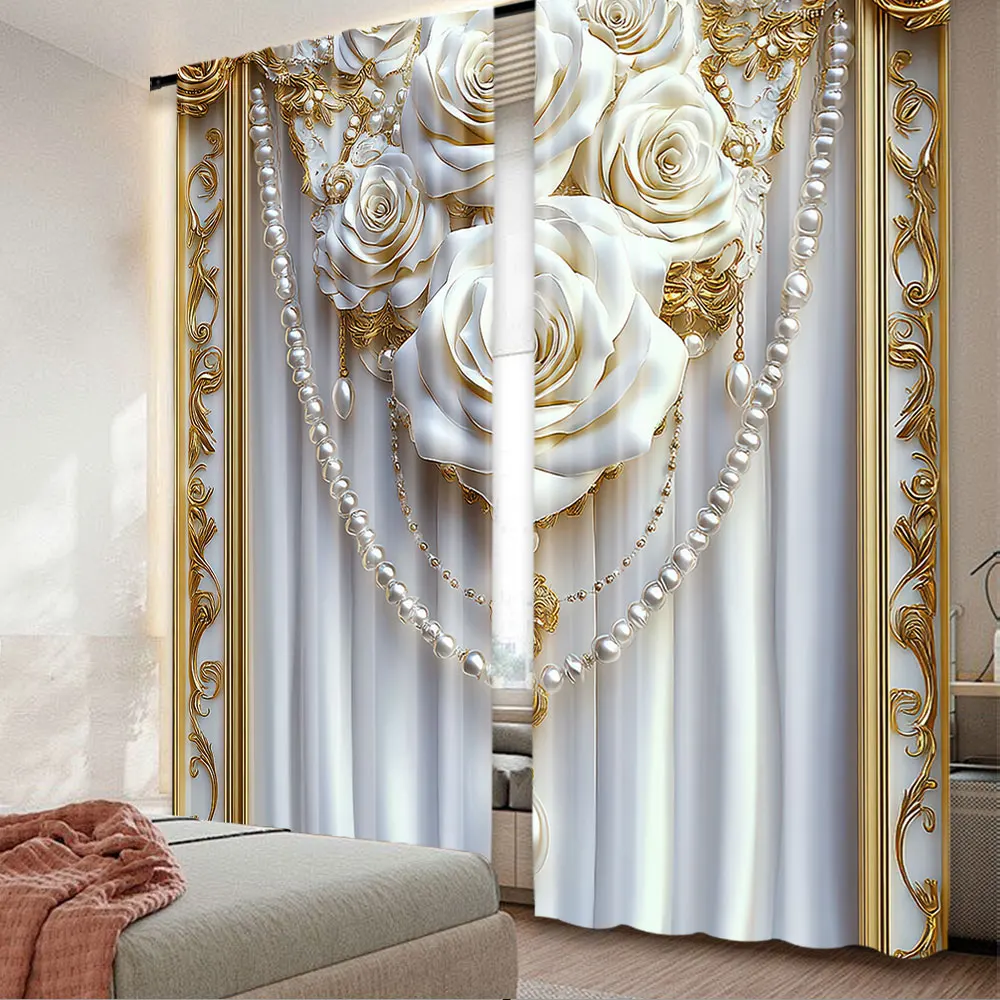 Luxury White Rose Pearl Curtains 3D Floral Gold Ornament Window Drapes Light Blocking Thermal Insulated For Living Wedding Room