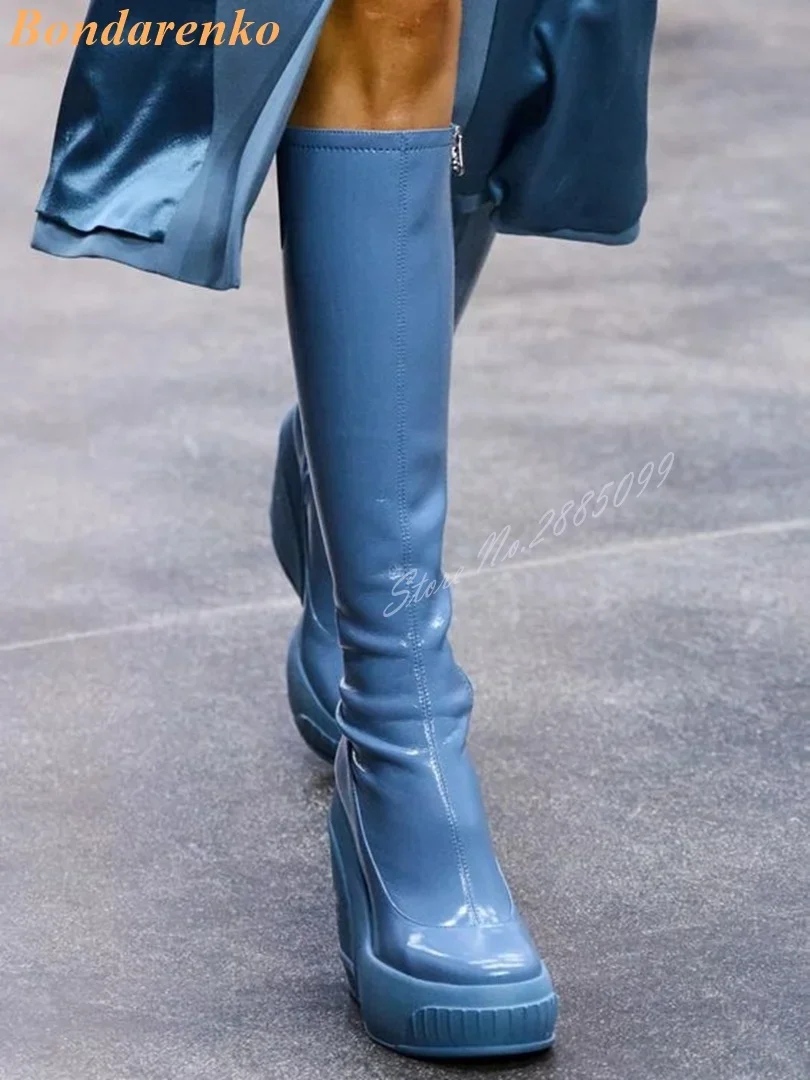 Shiny Leather Thin Boots Round Toe Platform High Wedges Knee High Boots Women Sexy Shoes New Designer Side Zipper Solid Runway