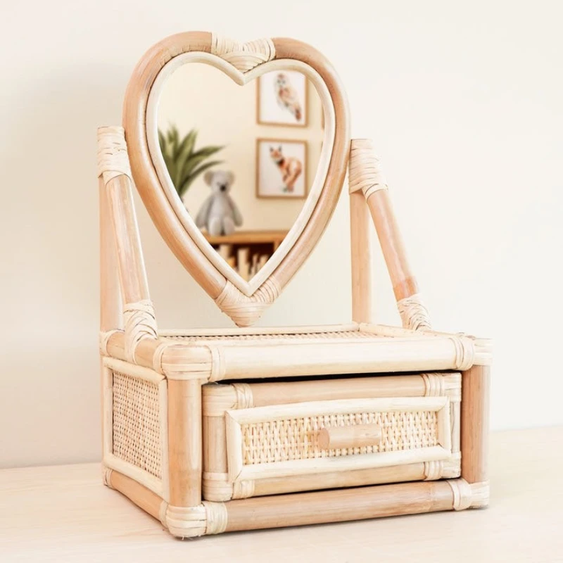 Nice Mini Rattan Vanity Dressing Table Baby Toys with Heart Mirror