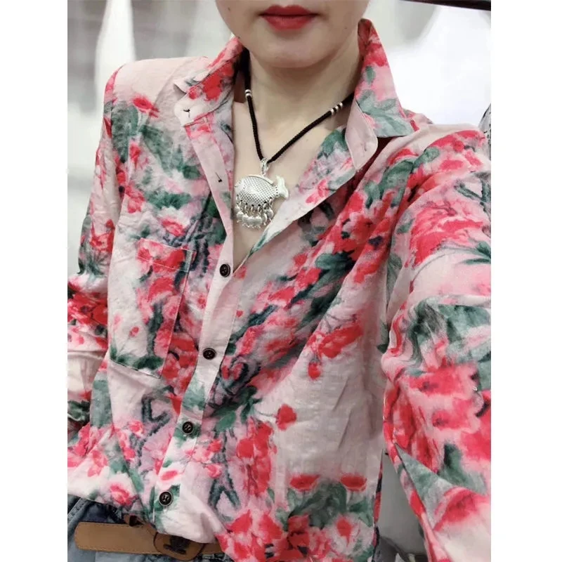 

Personality Shirt Women's Fashion Autumn New Print Temperament Long-Sleeved Shirt Cotton Linen Loose Versatile Bottoming Shirt